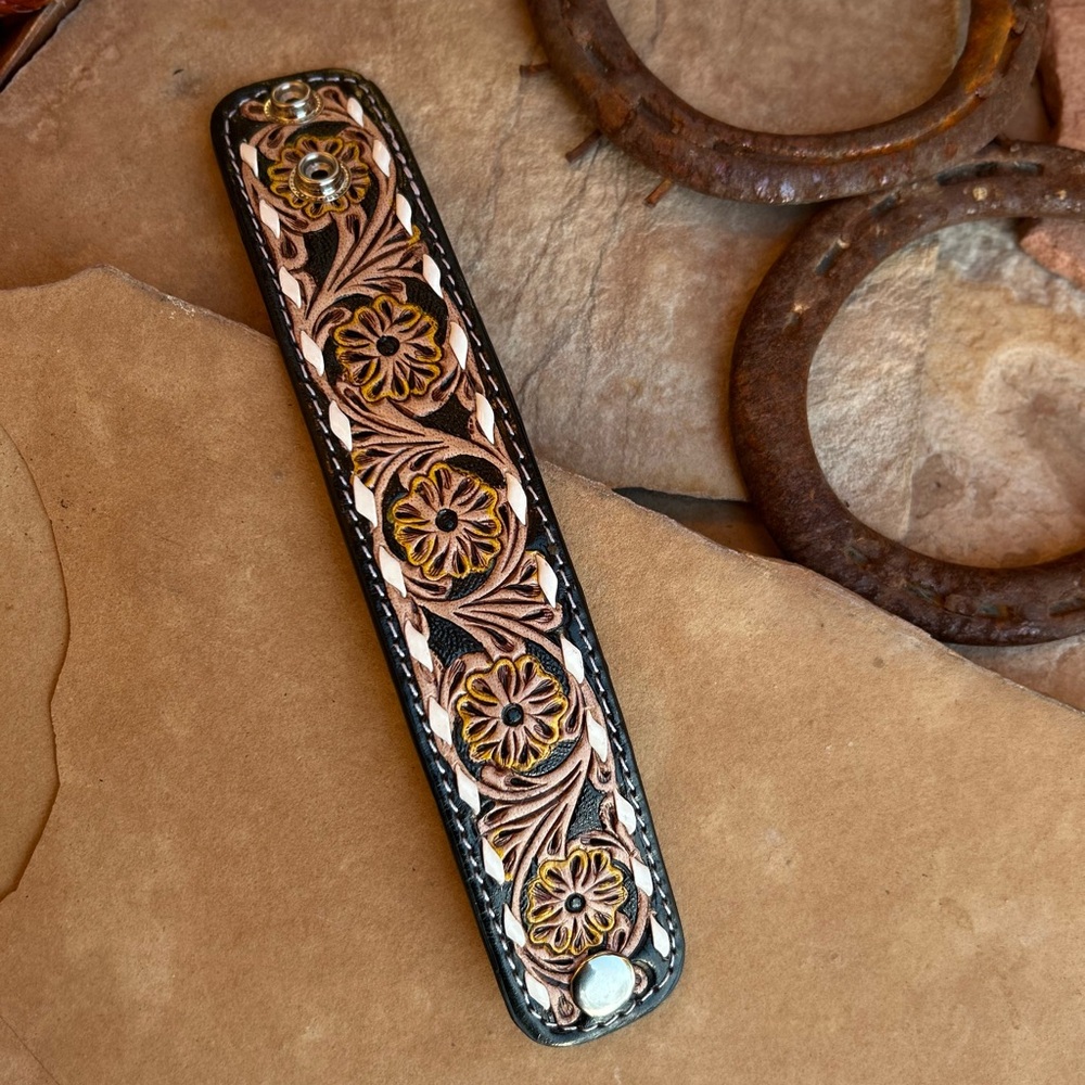 Tooled Leather Floral Embossed Bracelet Black and Brown NWT - Picture 7 of 14